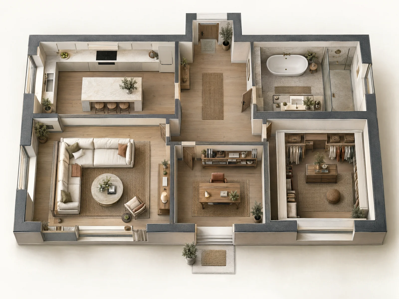 Habitat illustré en vue du dessus : cuisine, séjour, bureau, dressing et salle de bain.